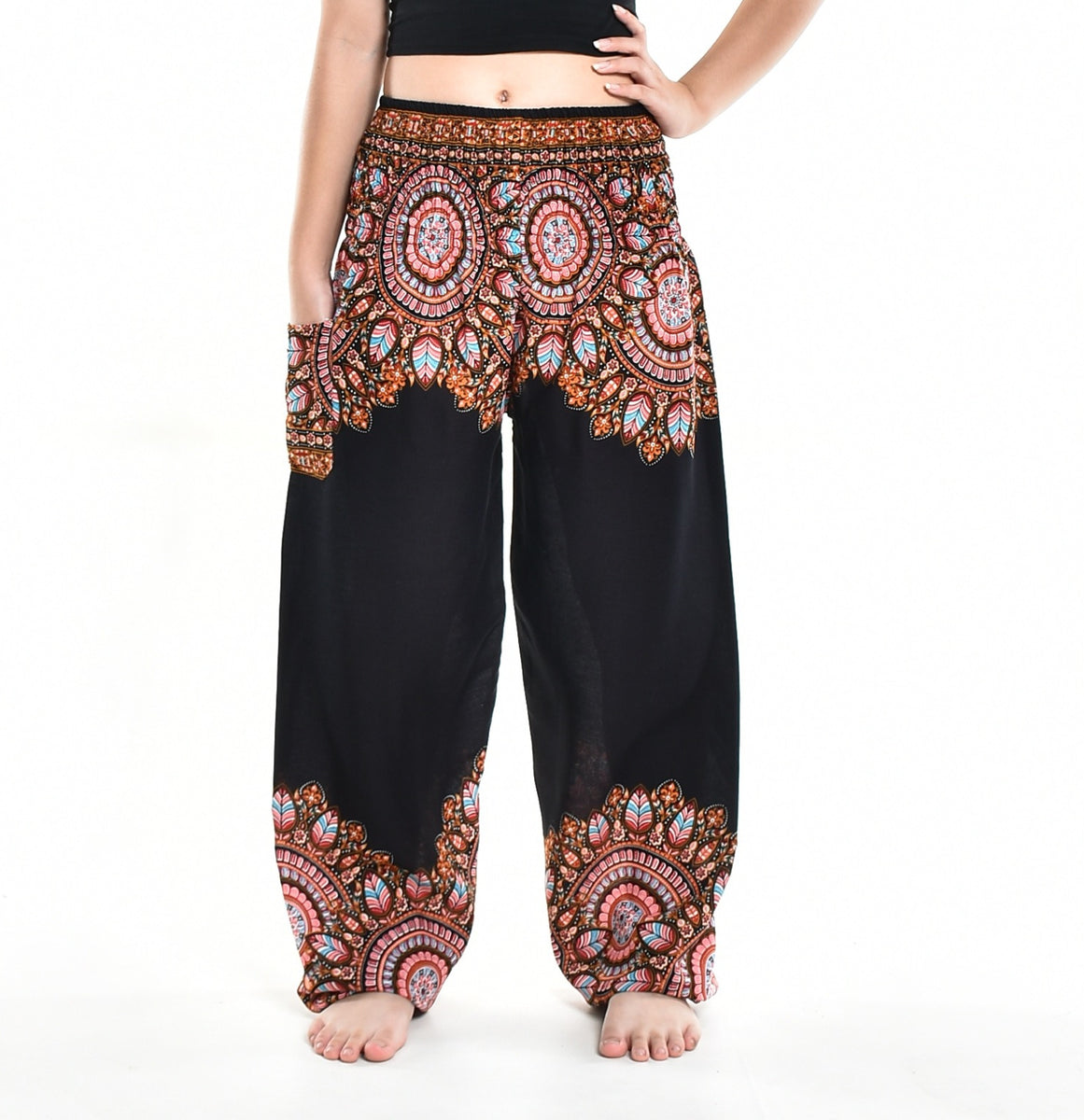 Bohotusk Black Moon Petal Elasticated Smocked Waist Womens Harem Pants