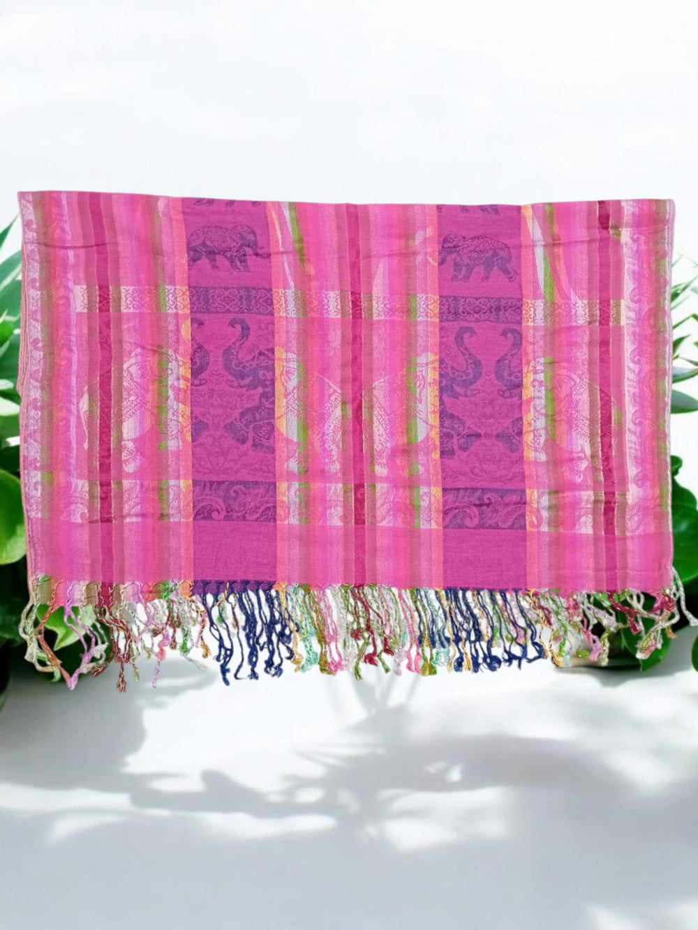 Bohotusk Bright Pink Elephant Stripe Print Silk Cotton Pashmina 200 x 75cm