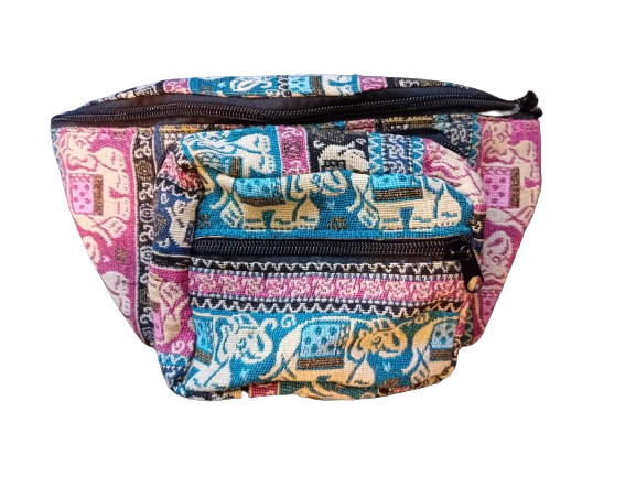 Bohotusk Aqua Pink Elephant Print Cotton Bum Bag Fanny Pack Waist Travel Bag