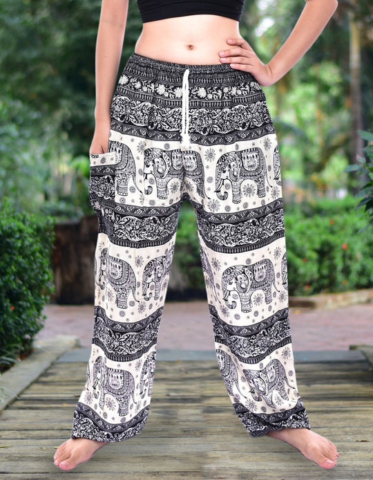 Bohotusk Black Elephant Herd Print Womens Harem Pants Cord Tie Waist S/M Only