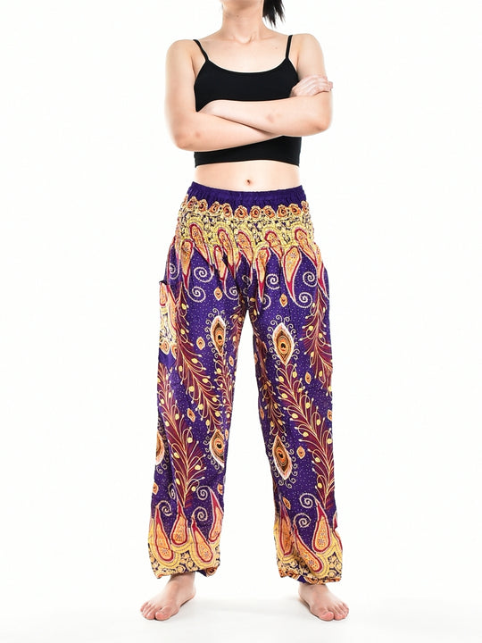 Bohotusk Purple Peacocks Eye Elasticated Smocked Waist Womens Harem Pants S/M Only