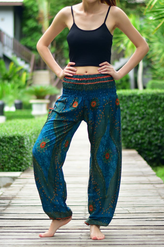 Bohotusk Teal Moonshine Print Elasticated Waist Womens Harem Trousers