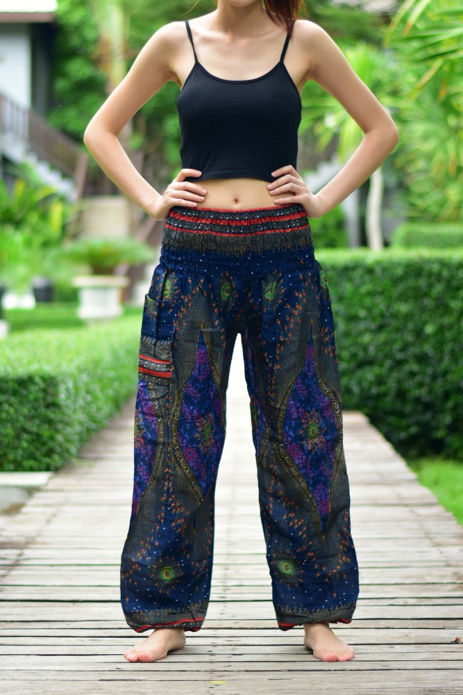 Bohotusk Navy Blue Moonshine Print Elasticated Waist Harem Trousers