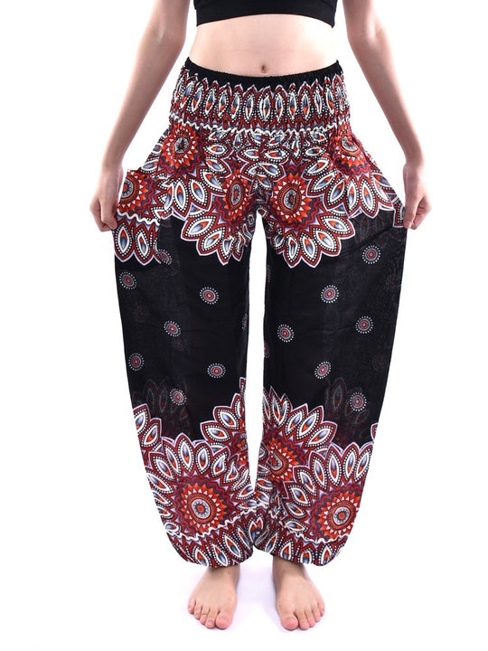 Bohotusk Black Thai Flower Print Elasticated Smocked Waist Womens Harem Pants S/M Only