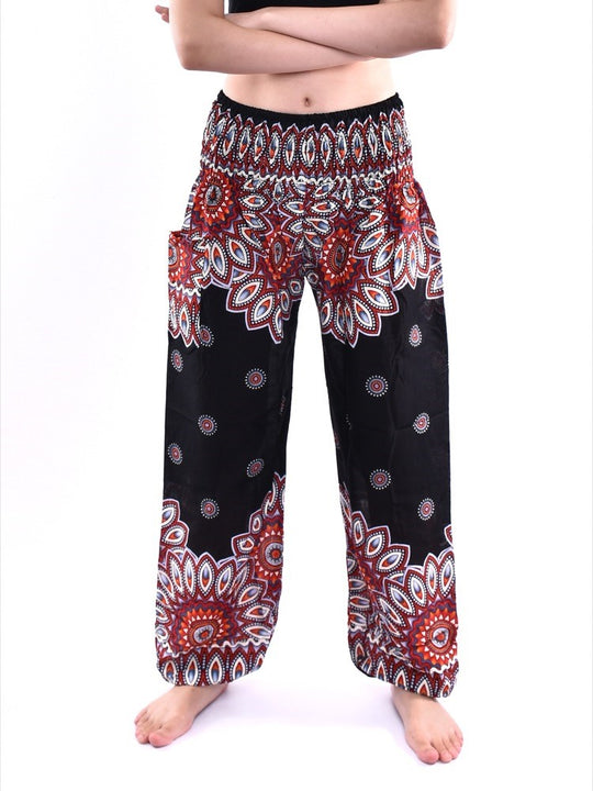 Bohotusk Black Thai Flower Print Elasticated Smocked Waist Womens Harem Pants S/M Only