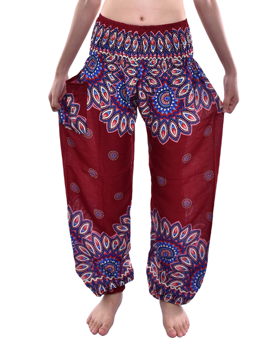 Bohotusk Dark Red Thai Flower Print Elasticated Smocked Waist Womens Harem Pants S/M Only