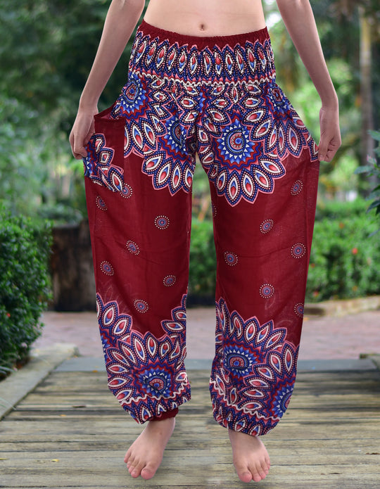 Bohotusk Dark Red Thai Flower Print Elasticated Smocked Waist Womens Harem Pants S/M Only