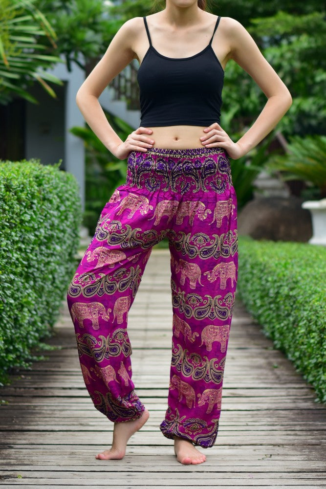 Bohotusk Pink Elephant Grassland Print Elasticated Womens Harem Pants