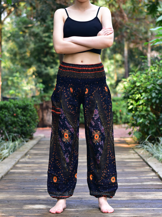 Bohotusk Black Moonshine Print Elasticated Smocked Waist Womens Harem Pants S/M