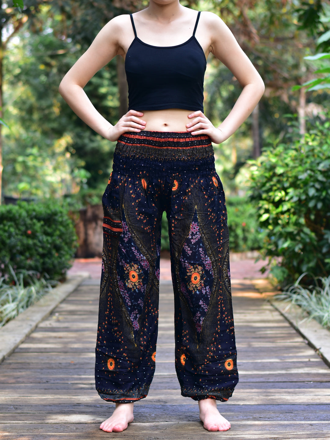 Bohotusk Black Moonshine Print Elasticated Smocked Waist Womens Harem Pants S/M